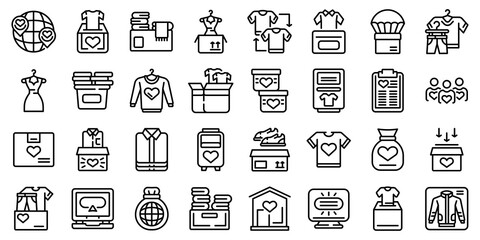 Clothes donation icons set. Outline set of clothes donation vector icons for web design isolated on white background