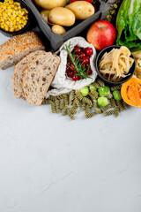 Best sources of carbs on light gray background. Healthy food concept.