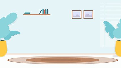 A cartoon style room with a central location for action. Houseplants, paintings, shelf, books, carpet. Vector.