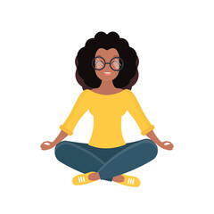 A girl with dark skin sits in a pose of meditation with flying, flowing hair. Healthful body, mind and emotions, yoga and lotus postures. Isolated. Vector illustration