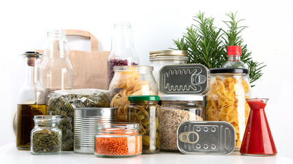 Food pantry for staying home. Grains and oats in jars - obrazy, fototapety, plakaty