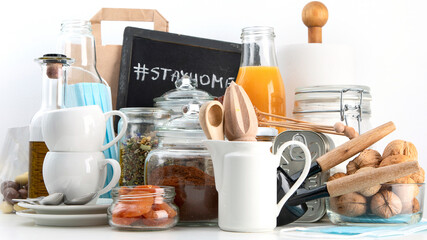 Food pantry for staying home. Grains and oats in jars