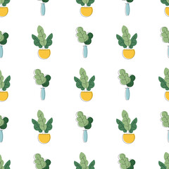 Minimalistic background with flower pots and triangles. Seamless pattern with flowers. Vector