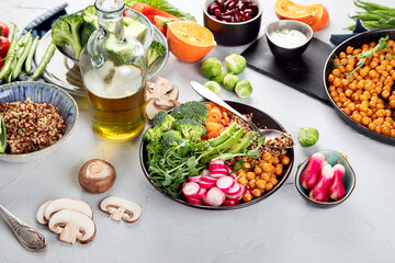 Healthy vegan chickpea, buddha bowl and vegetables