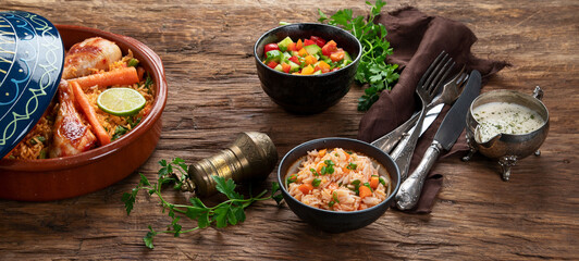 Tajin chicken stew with rice and vegetables