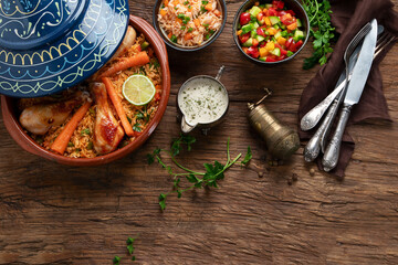 Tajin chicken stew with rice and vegetables