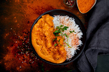 Indian butter chicken curry with basmati rice on dark background. Traditional homemade food concept. - obrazy, fototapety, plakaty