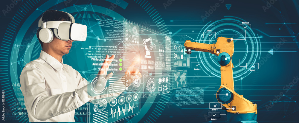 Aufkleber engineer controls robotic arms by augmented reality industry technology application software. smart 