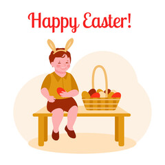 Happy easter. Little boy with a basket of Easter eggs are sitting on a bench. With rabbit ears. Egg hunt. Vector illustration in flat cartoon style.