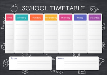 School timetable. Schedule for kids. Student plan template on blackboard with outline school icons. Weekly time table with lessons. Vector illustration. Educational classes diary on English, A4.