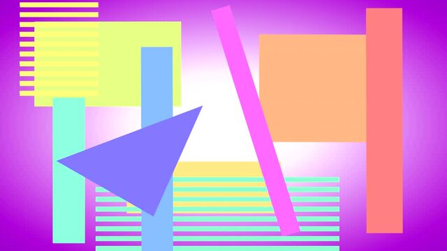 Looped abstract animation of multicolored geometric shapes and stripes on a colored gradient background.