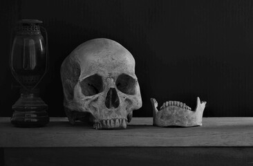 Awesome, Skull and Jaw with old lantern on the plank and dark background .