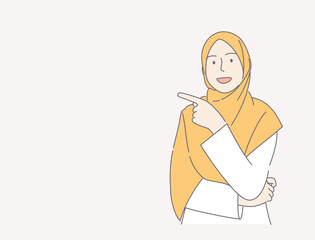 young woman wearing scarf over isolated pink background pointing finger hand drawn illustration concept. can use for, landing page, template, ui, web, homepage, poster, banner, flyer