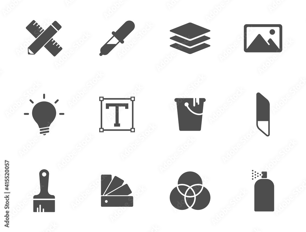 Poster art and design black vector icons isolated on white. art and design glyph icon set for web, mobile a