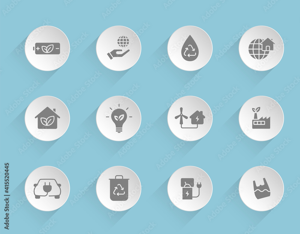 Poster eco vector icons on round puffy paper circles with transparent shadows on blue background. ecology s