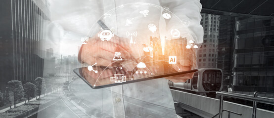 Advanced communication and global internet network connection in smart city . Concept of future 5G wireless digital connecting and social media networking .