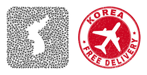 Vector mosaic Korea map of aircraft elements and grunge Free Delivery seal stamp. Collage geographic Korea map created as carved shape from rounded square shape with flying away aircraft.