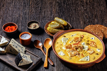 Pork stew with pickles, and blue mold cheese