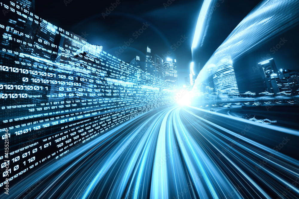 Poster digital data flow on road with motion blur to create vision of fast speed transfer . concept of futu
