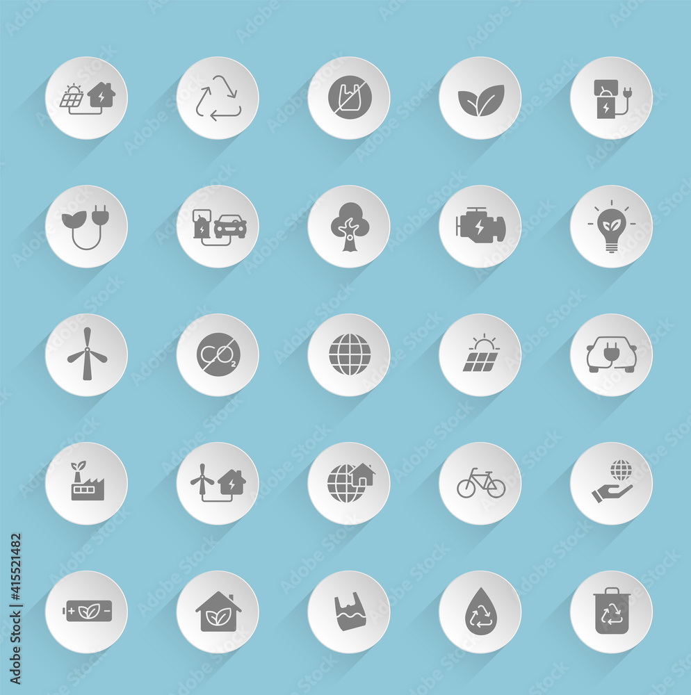 Poster eco vector icons on round puffy paper circles with transparent shadows on blue background. ecology s