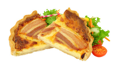 Maple bacon and cheddar cheese quiche portions with fresh salad isolated on a white background