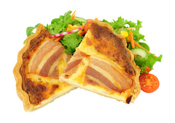 Maple bacon and cheddar cheese quiche portions with fresh salad isolated on a white background