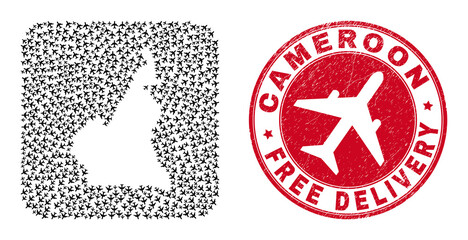 Vector mosaic Cameroon map of jet vehicle elements and grunge Free Delivery seal stamp. Mosaic geographic Cameroon map created as hole from rounded square shape with flying away air force symbols.
