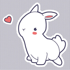 Cute white rabbit with pink cheeks and ears. Enamored hare with a red heart. Cartoon character. Stickers and posters for valentine's day, easter, wedding and mother's day. 