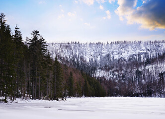 Winter landscape in the Bohemian Forest. Black lake (Cerne jezero), National park Sumava, Czech Republic.