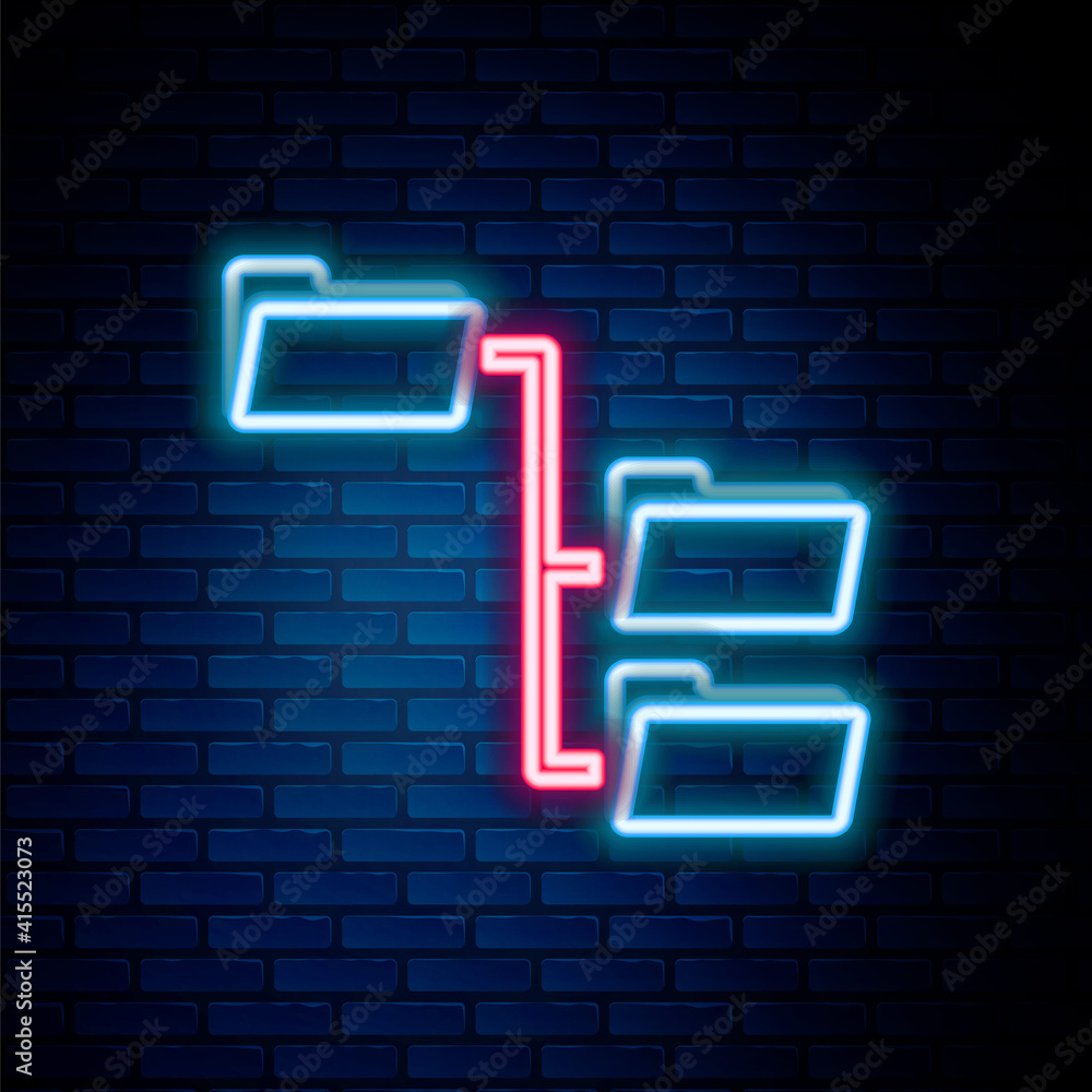 Poster glowing neon line folder tree icon isolated on brick wall background. computer network file folder o