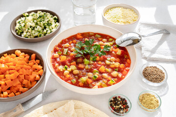 Close-up on a plate of Moroccan vegetable soup with semolina