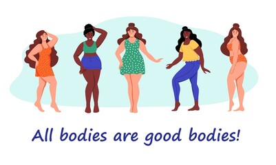 Fototapeta na wymiar Set of curvy women. Plus size girls. The concept of body positivity, self-love. Love your body. Flat cartoon vector illustration.