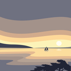Seascape. Sunrise and a yacht sailing in the distance. Background vector illustration.