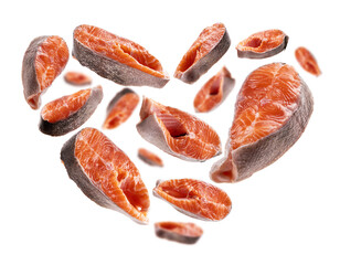 Fresh trout steaks in the shape of a heart on a white background