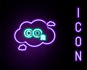 Glowing neon line CO2 emissions in cloud icon isolated on black background. Carbon dioxide formula symbol, smog pollution concept, environment concept. Colorful outline concept. Vector.