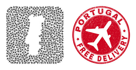 Vector mosaic Portugal map of airplane items and grunge Free Delivery stamp. Mosaic geographic Portugal map designed as subtraction from rounded square with moving out aviation items.
