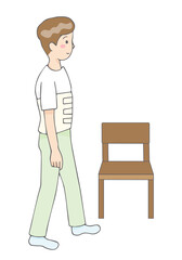 イスの前に立つ腰椎コルセットの人物