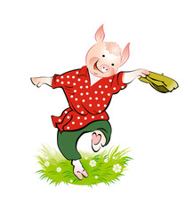 Funny piggy in a red shirt. Vector character. Animal cartoon.