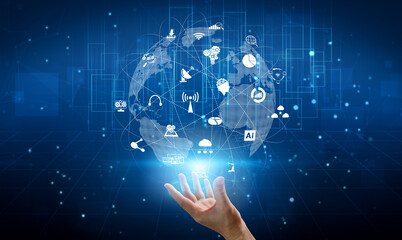 Advanced communication and global internet network connection in smart city . Concept of future 5G wireless digital connecting and social media networking .