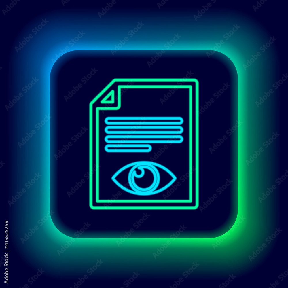 Poster glowing neon line paper page with eye symbol icon isolated on black background. open information fil