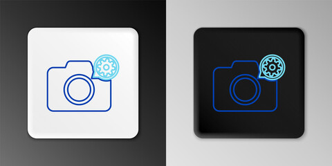 Line Photo camera and gear icon isolated on grey background. Adjusting app, service concept, setting options, maintenance, repair, fixing. Colorful outline concept. Vector.