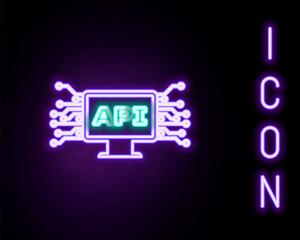 Glowing neon line Computer api interface icon isolated on black background. Application programming interface API technology. Software integration. Colorful outline concept. Vector.
