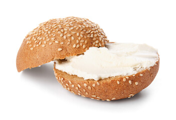 Fresh bun with tasty cream cheese on white background
