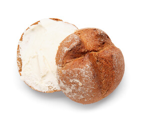 Fresh bun with tasty cream cheese on white background