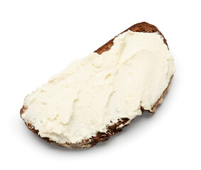 Bread with tasty cream cheese on white background