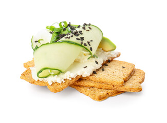 Crispbread sandwich with tasty cream cheese on white background