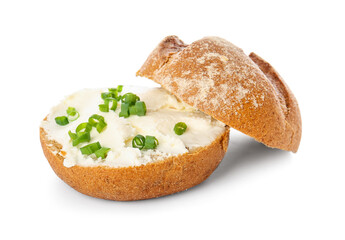 Fresh bun with tasty cream cheese on white background