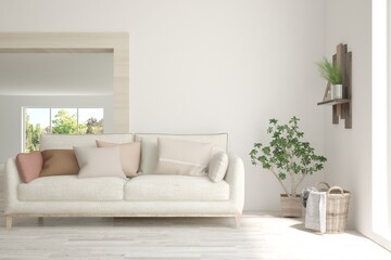 White living room with sofa. Scandinavian interior design. 3D illustration