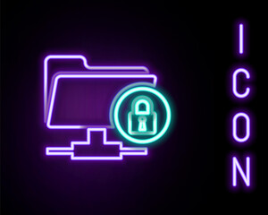 Glowing neon line FTP folder and lock icon isolated on black background. Concept of software update, ftp transfer protocol. Security, safety, protection concept. Colorful outline concept. Vector.