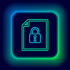 Glowing neon line Document and lock icon isolated on black background. File format and padlock. Security, safety, protection concept. Colorful outline concept. Vector.